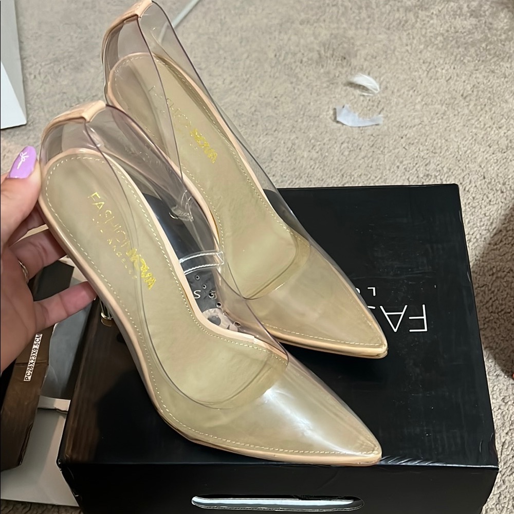 Fashion Nova Cream Heels with Stiletto and Pointed Toe